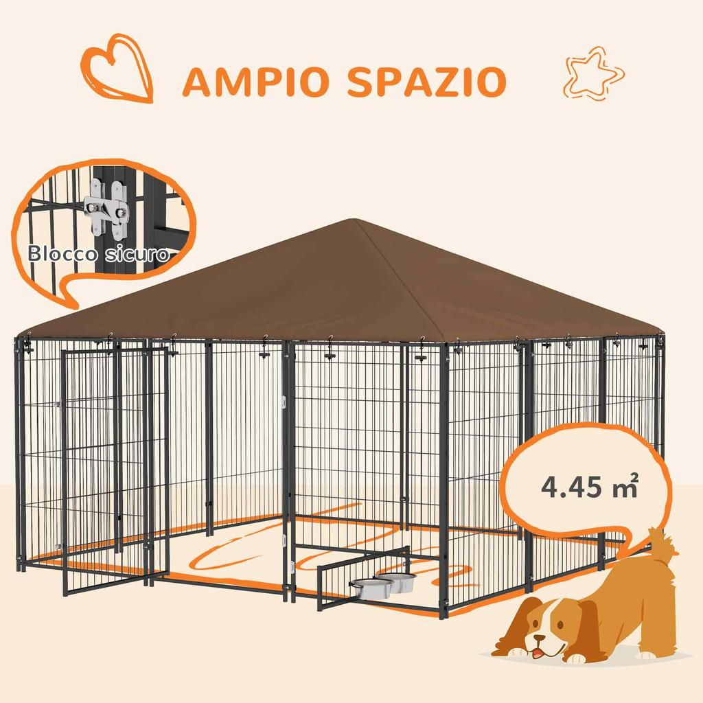 Metal and Oxford Fabric Dog Playpen with Bowl Door, 211x211x151 cm, Black and Brown