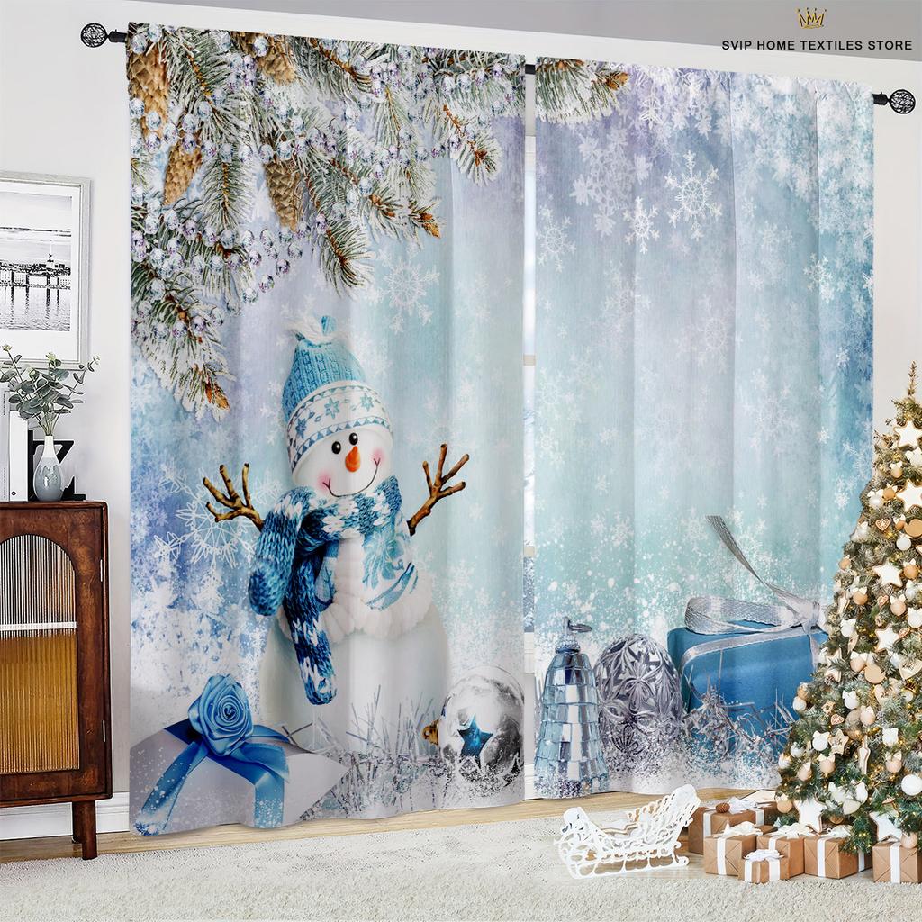 Christmas Animated Design Pattern Print Curtain, Snowflake Ball, Burgundy Car, Bedroom, Restaurant, New , Holiday Party Decoration, 2 Pcs