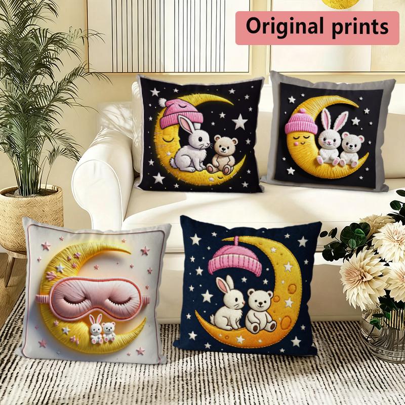 Cute Moon Bunny Bear Star Print Throw Pillow Covers Pattern Cushion Cover Suitable For Sofa Bedroom Car Pillow Cover