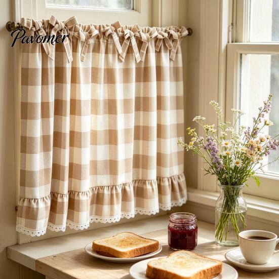 Window Valance with Lace Trim Buffalo Check Valance, Ruffled Curtain And Bows, Small Valances Light Filtering Rod Pocket for Kitchen Living