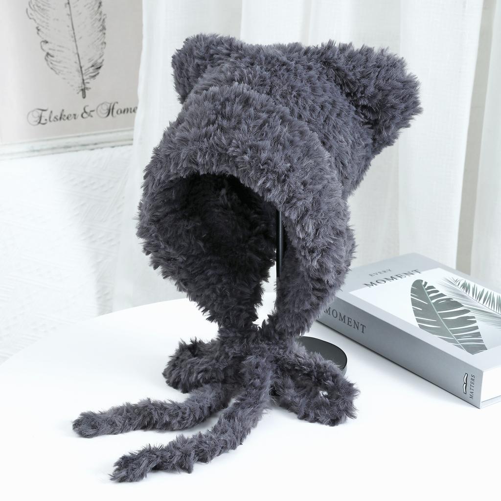 Die neue Katzenohren-Doppelschwanz-Plüsch-Strickmütze für Herbst und Winter ist niedlich, modisch, warm, ohrenschützend und gesichtsbetonend. Kleine Wollmütze