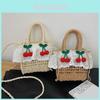 Adorable Chic Girls Woven Straw Shoulder Bag With Sweet Lace Trim And Cherry Design