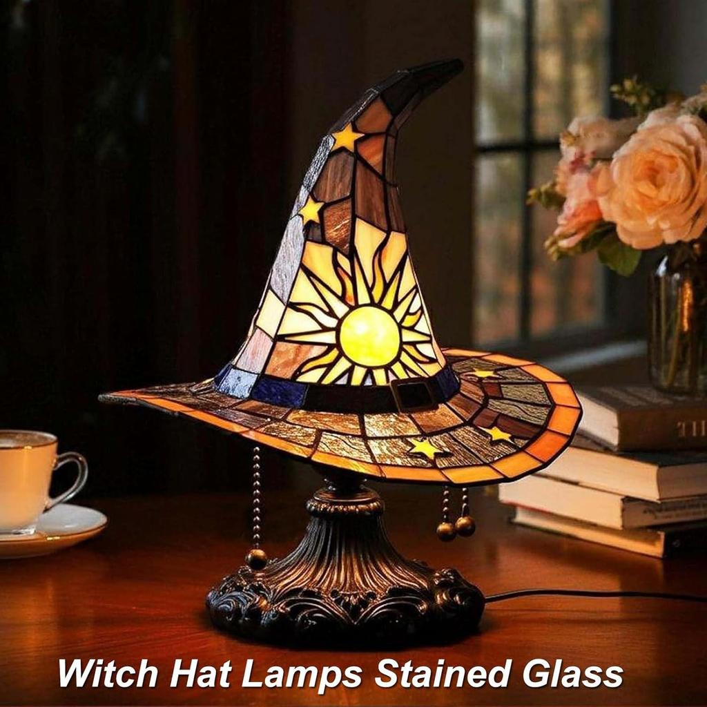 Witch Hat Lamps, Stained Glass Witch Hat Lamp with Mystical Charm, Lamps Stained Glass, Handmade Shape Gothic Lamp for Wiccans and Halloween Lovers,
