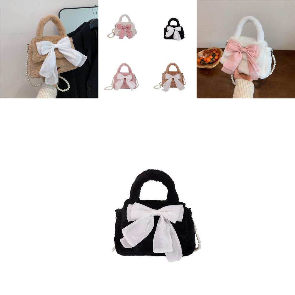 Charming Fluffy Crossbody Purse For Girls Sweet Plush Bag With Bow Street Style
