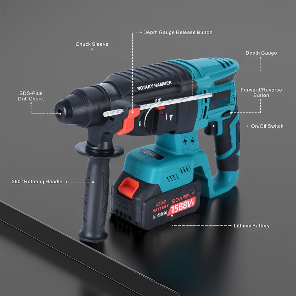 4 IN 1 Cordless Rotary Hammer Drill 3 Mode With Handle SDS 26mm Chisel Concrete