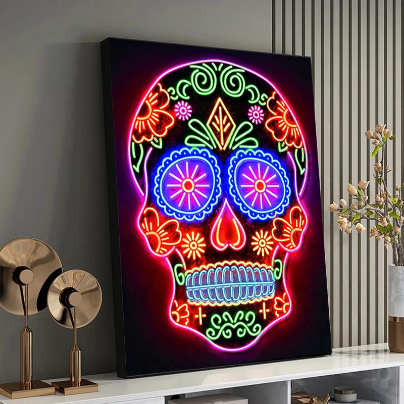 Neon Effect Skull Posters and Prints Modern Painting Wall Art Pictures for Living Room Game Room Home Decoration Gifts