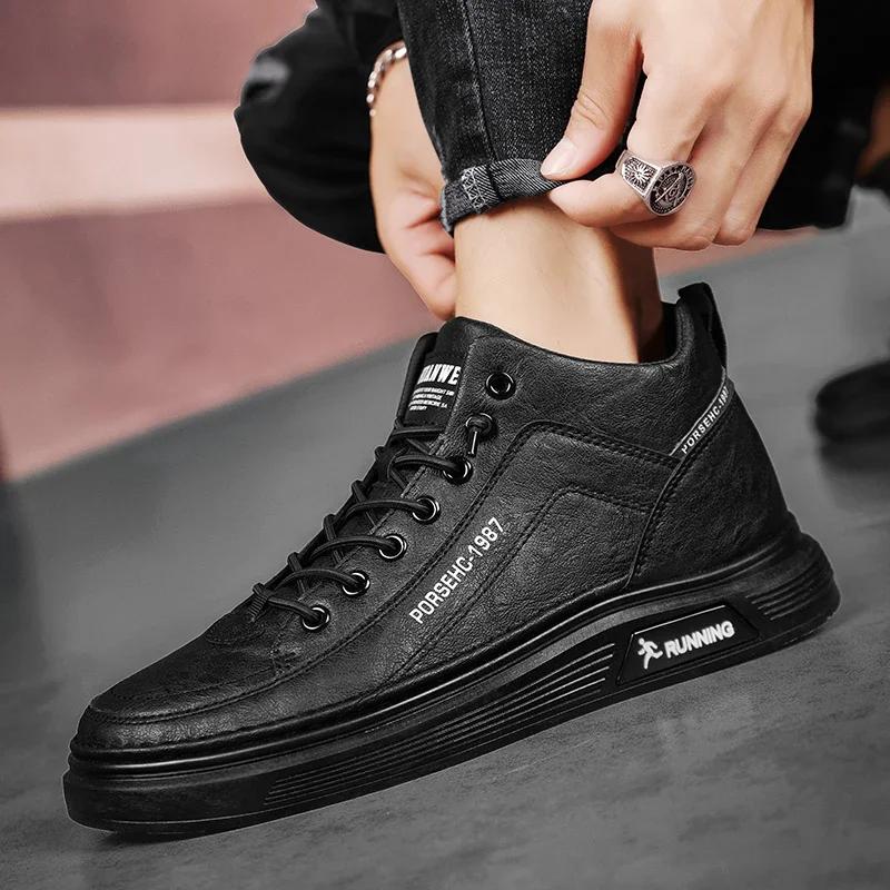 Cotton Shoes Men Boots Autumn High Top Leather Casual Shoes Fashion Flat Ankle Boots Business Outdoor Shoes Man Sneakers New