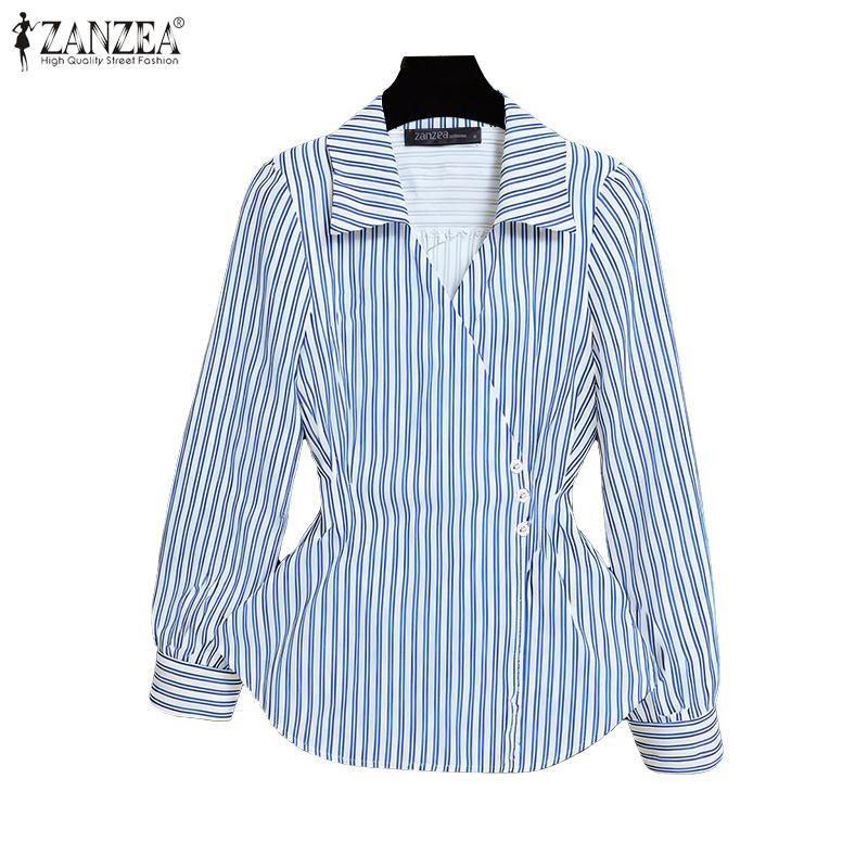 ZANZEA Women Classic Collar Casual Long Sleeve Stripe Blouse