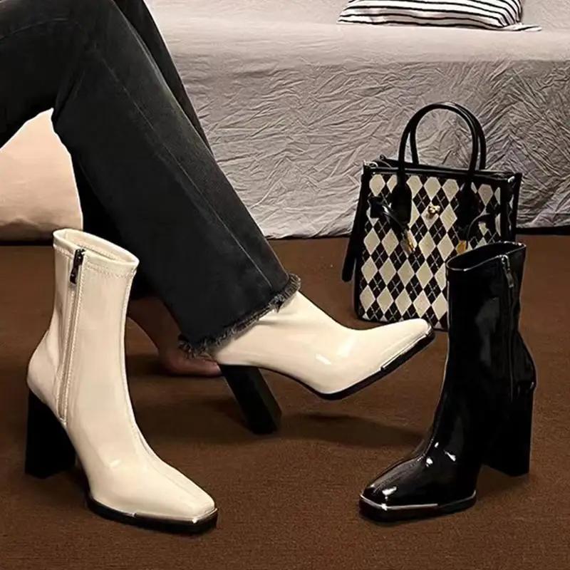 Women's Boots Patent Leather High-end Feel Short Tube High Heels Square Toe Zipper Waterproof Party Women Boots Botas Mujer