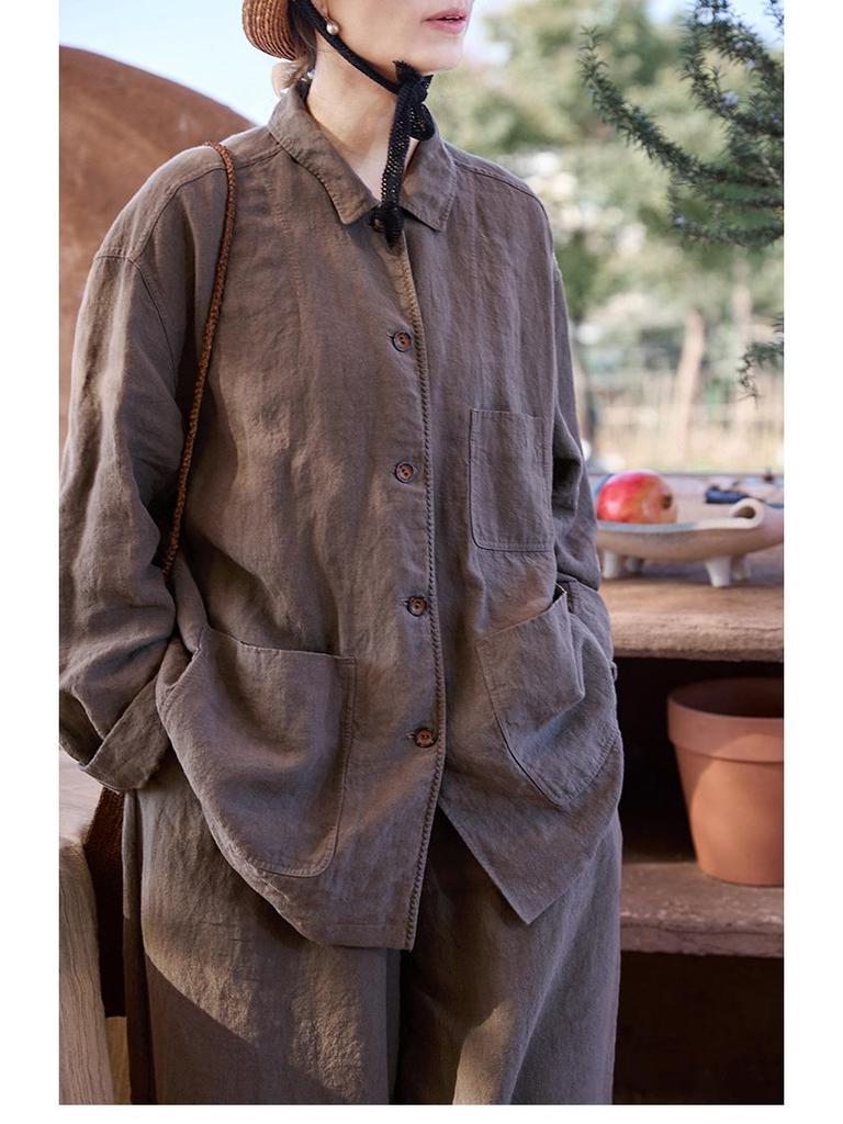 Spring Summer Retro Women's Tea Brown Linen Plus Size Slimming Loose Lapel Shirt Outerwear