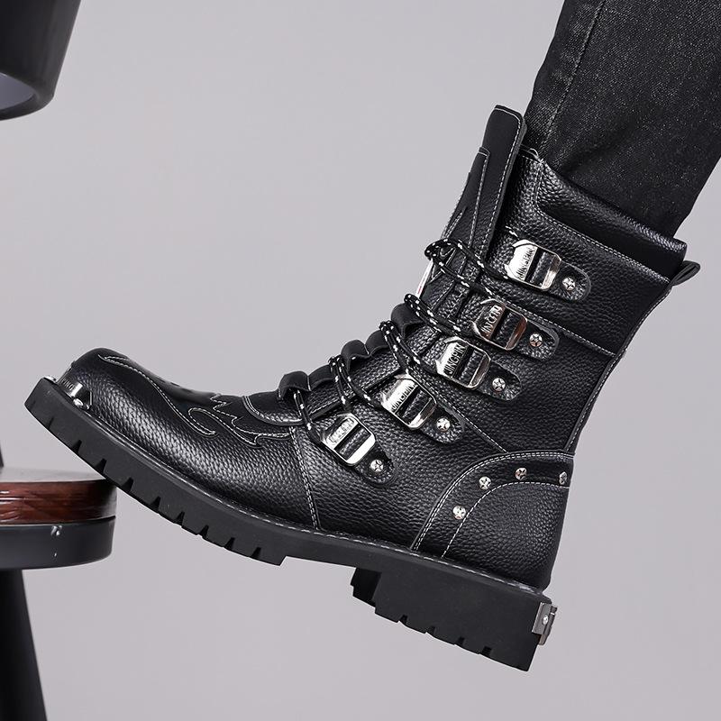High-top British-style Black Work Boots Men Autumn Winter New Designer Platform Shoes Male Motorcycle Riding Leather Boots Man