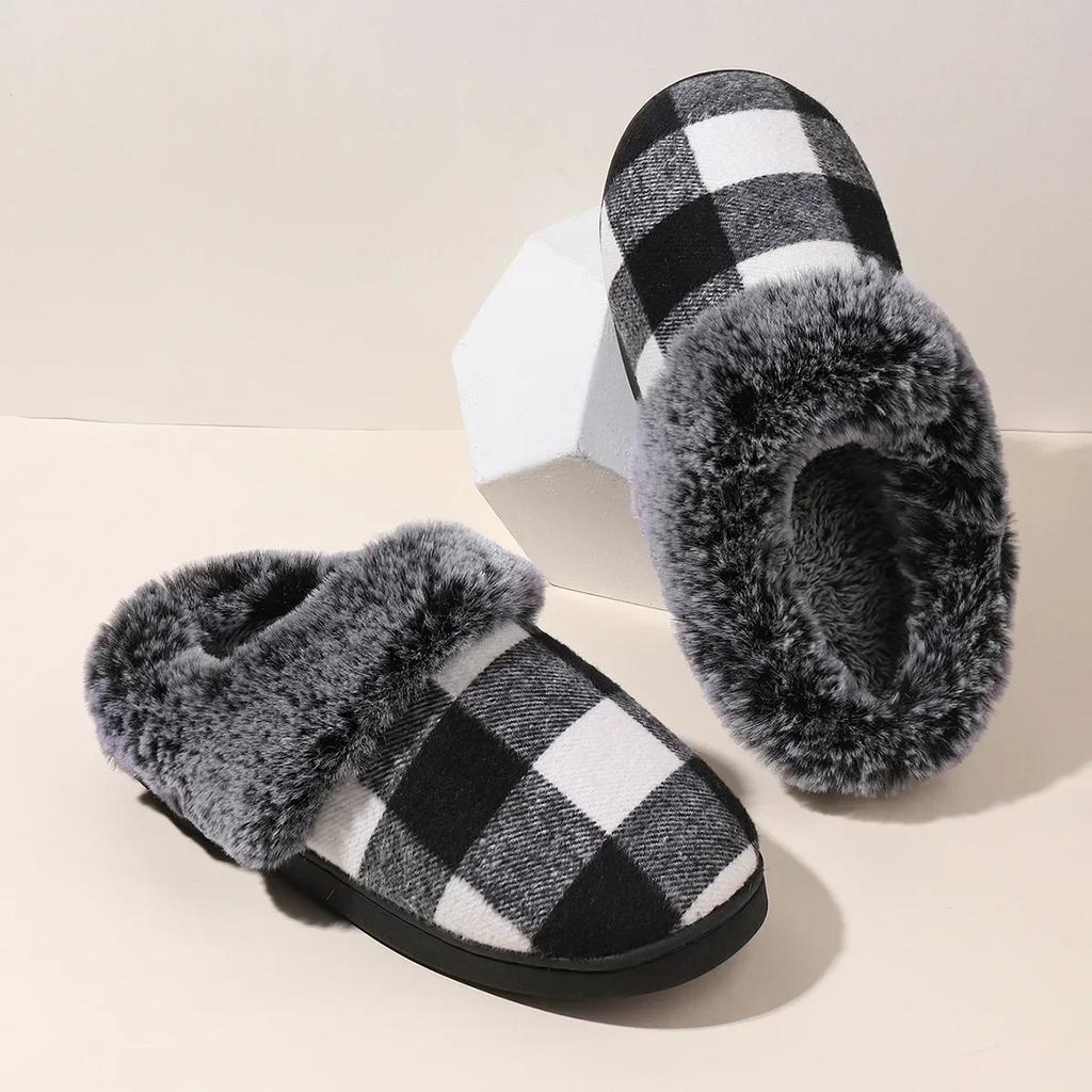 Women Cotton Slippers  New Plush Fluffy Slippers Indoor Home Floor Non-slip Warm Thick Soled Lattice Slippers Chanclas Mujer