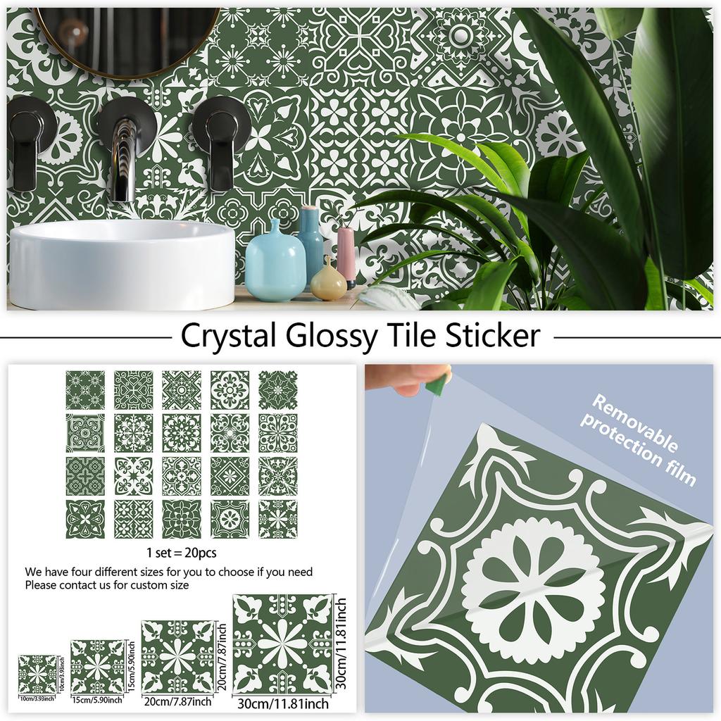 20Pcs European-Style Green Pattern Wall Stickers Imitation Brick Bedroom Decoration Waterproof Self Adhesive Tile Wallpaper Kitchen Cupboard Decor