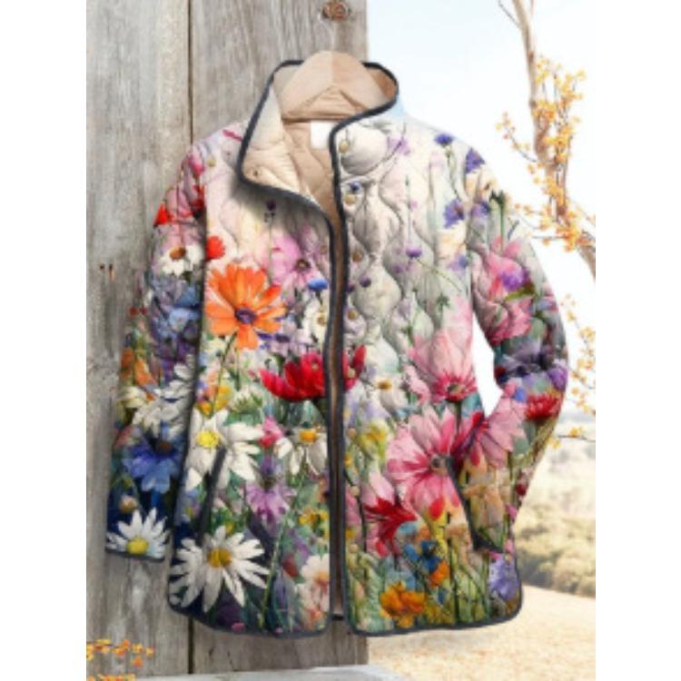 Women's Tropical Leaf Print Quilted Jacket Stand Collar Button Down Contrast Trim Casual Coat
