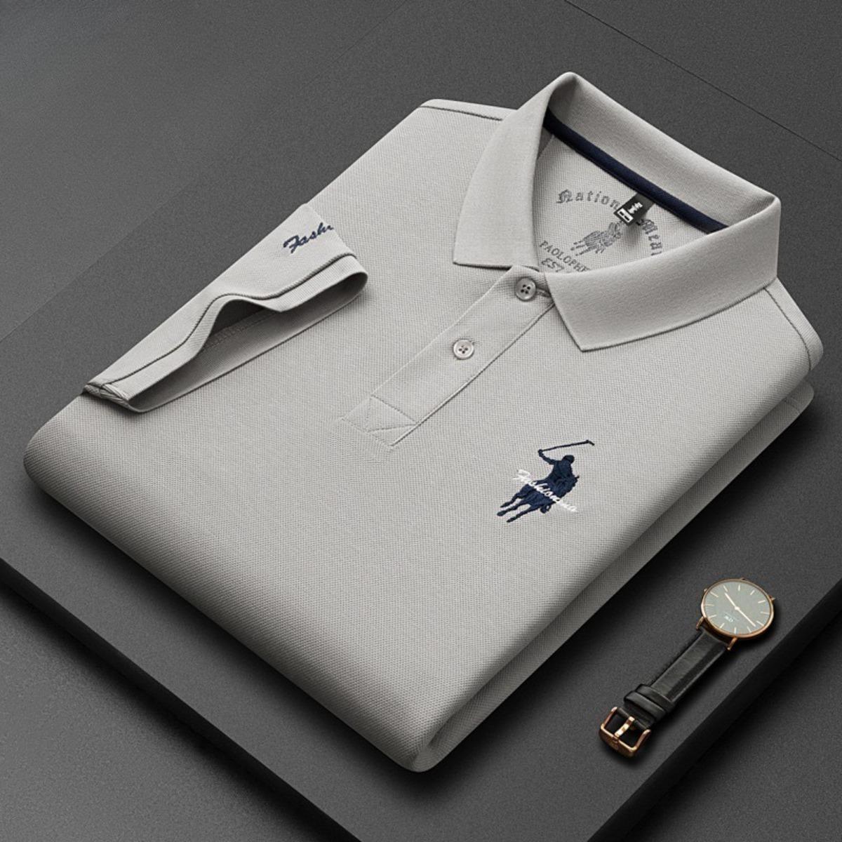 

Trend Hub Роскошная вышивка Мужская рубашка поло Тонкая дышащая 100% хлопок Черный Темно-синий Лацкан С коротким рукавом Топы Брендовая одежда 52 серый