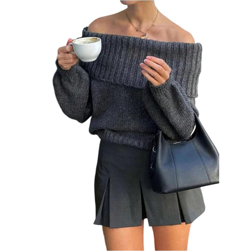 Women's Casual Fashion One-shoulder Solid Color Slim Long-sleeved Knitted Sweater