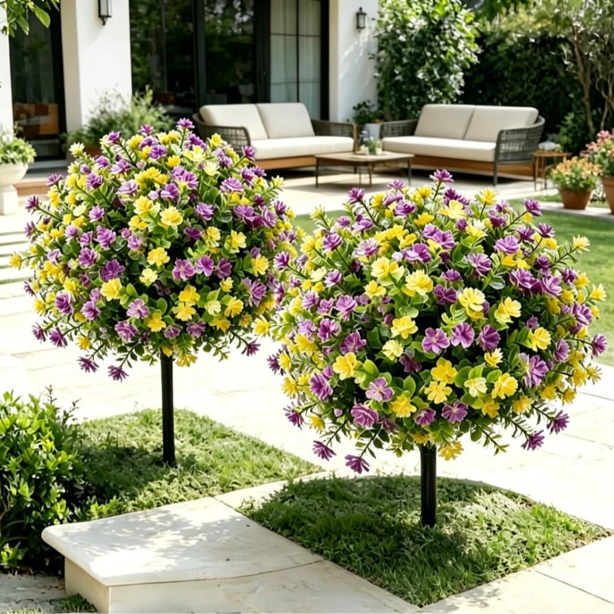 2Pcs Artificial Camellia Eucalyptus Ground Plug Flower Topiary Ball Tree UV Resistant Fake Outdoor Plants For Garden Yard Lawn Patio Decor