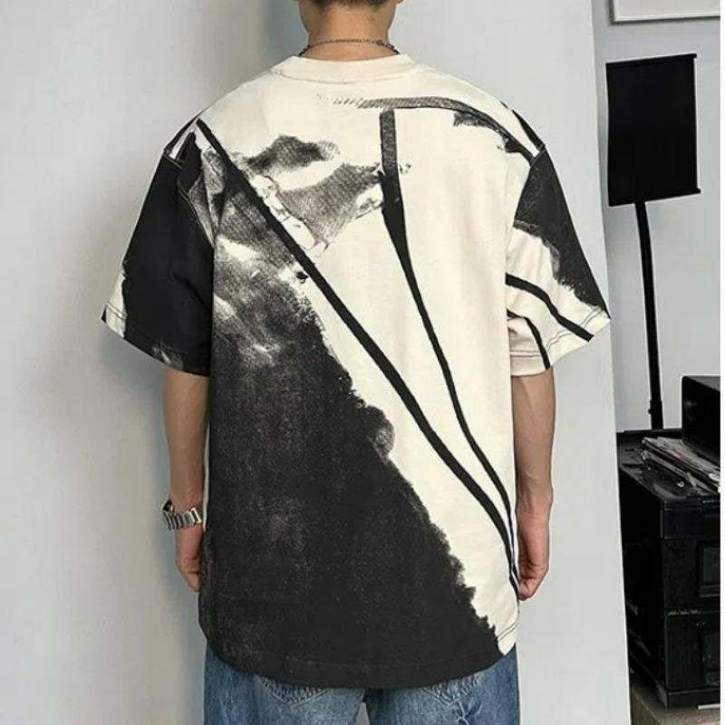 Men Trendy Vintage Tie-dye Print Short Sleeve T Shirt Casual Streetwear Harajuku Tees Summer O Neck Loose Tops