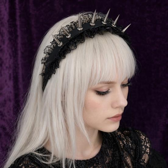Headband with Sharp Metal Rivets Black Lace Adjustable Elastic Fit Hair Hoop Gothic