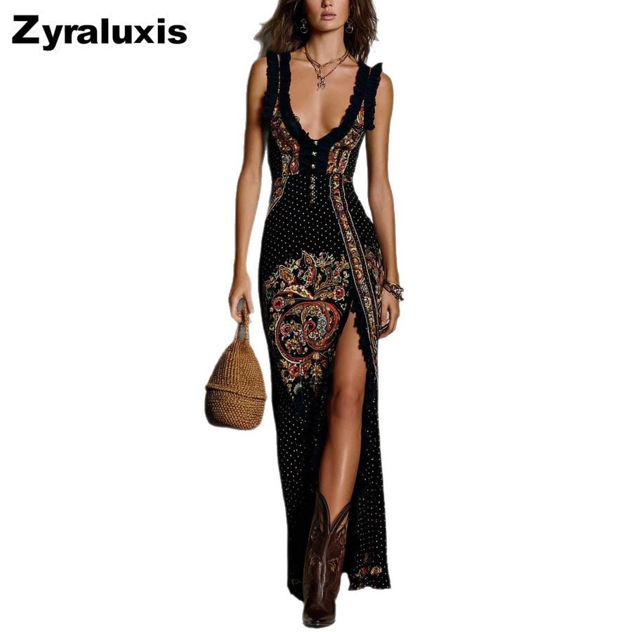 Women s Digital Printed Sleeveless Top with High-Slit Maxi Dress S