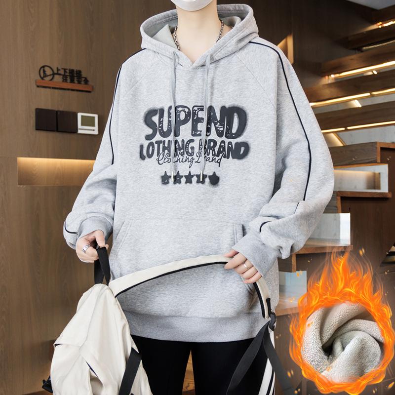 

Подростковая толстовка с плюшем для мальчика, тяжелый худи, толстый топ, большие дети, универсальная свободная повседневная куртка 3XL серый