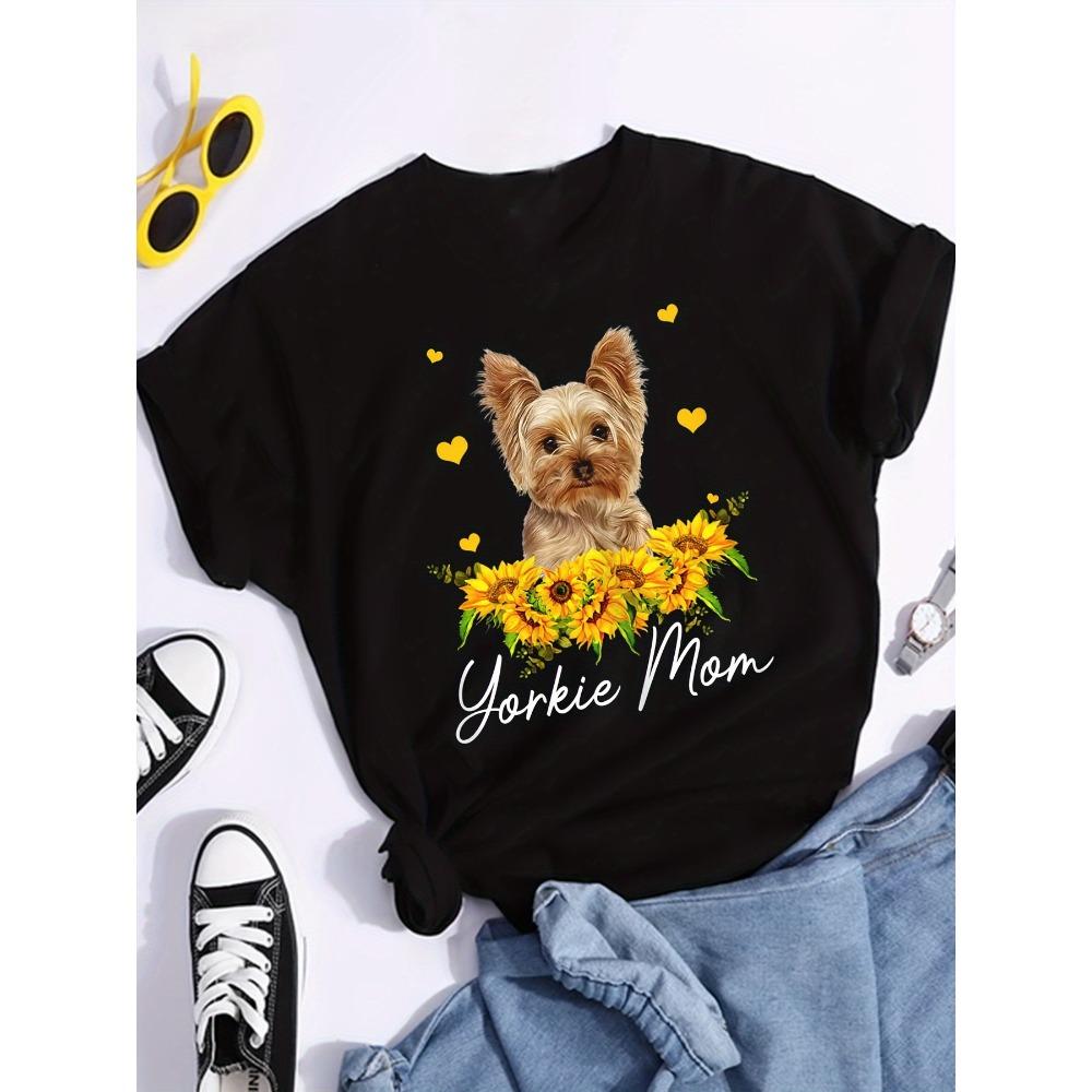 

Casual Summer T-shirt Women Yorkie Mom and Sunflower Design Black with Yellow Flowers Clothing for Dog Lovers 3XL