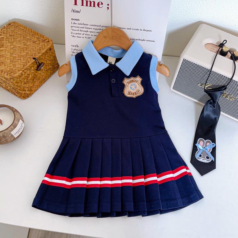 Girls' Sleeveless Pleated Academy Dress - Summer Korean Style with Tie AXA1058