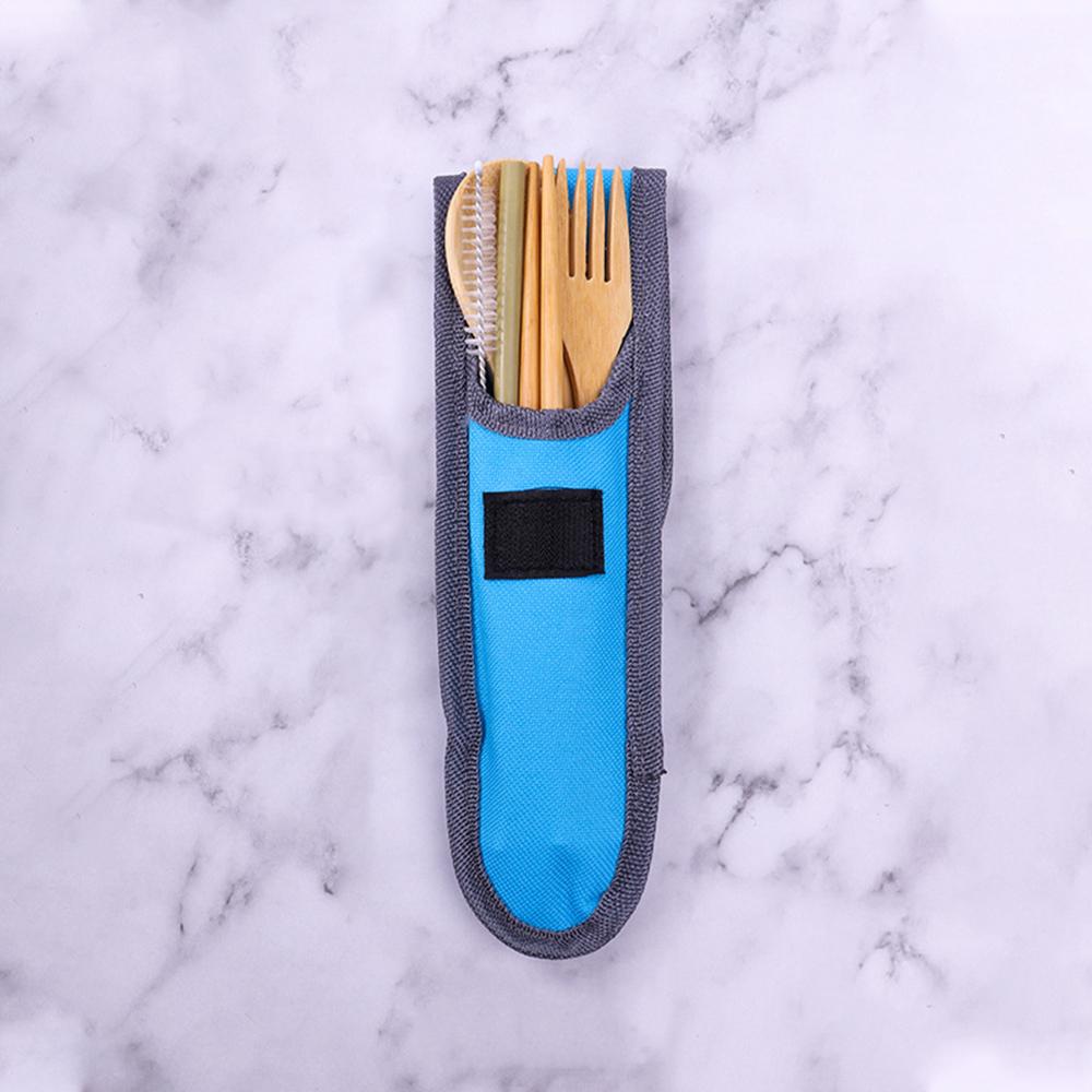 Set di Posate da Tavola Ecologico da 7 Pezzi Bambù Portatile Posate Coltello da Cena Forchetta Cucchiaio Bacchette Cannuccia con Borsa Set di Posate da Viaggio