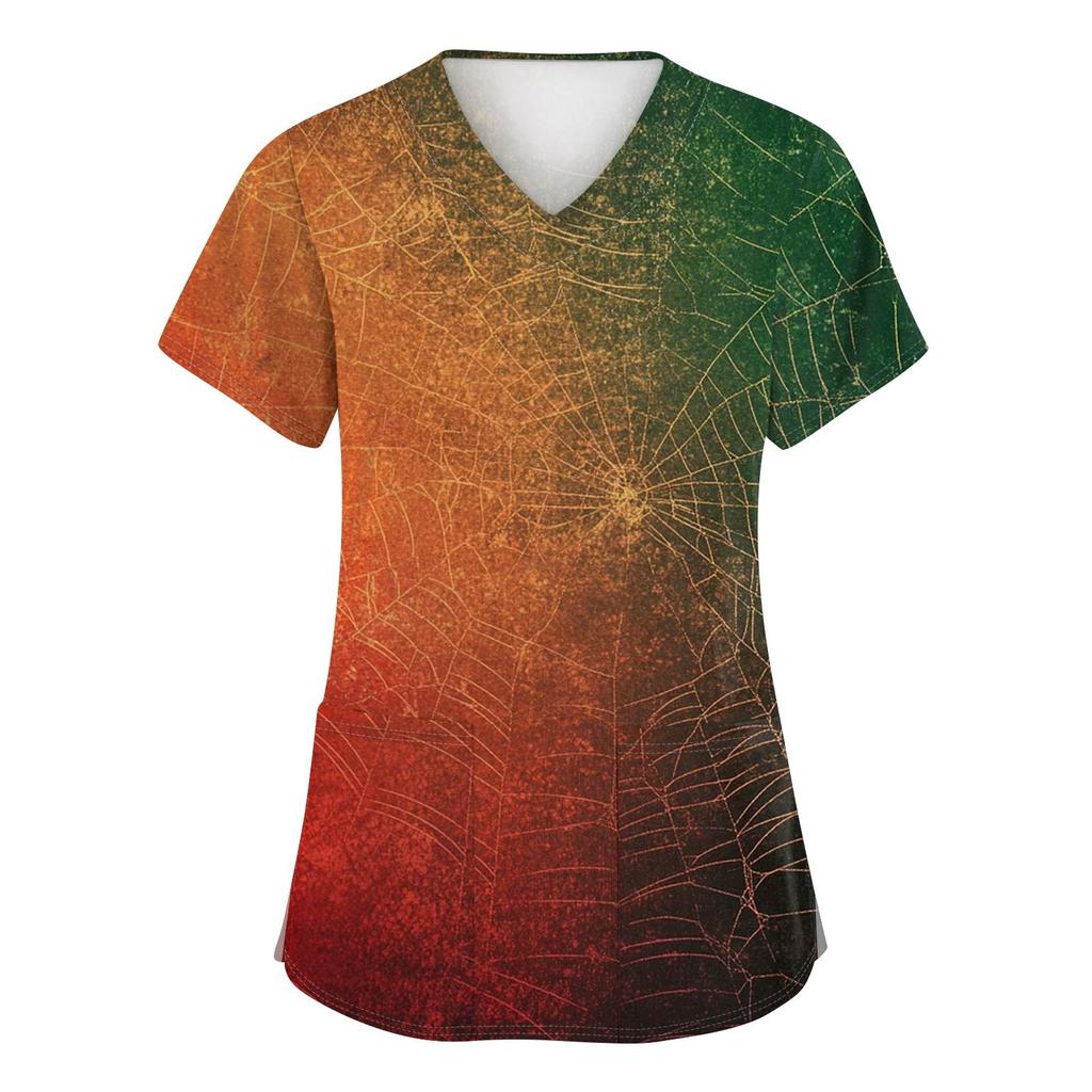 Women's Fashion V-neck Short-sleeved Work Uniform With Pockets, Halloween Print Top
