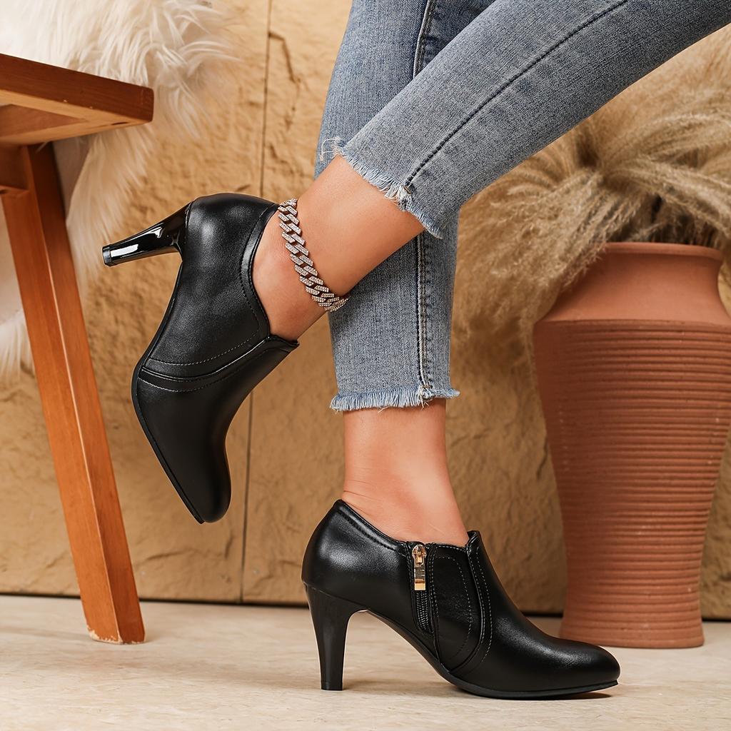 High Heels, Single Shoes, Deep Toe and Ankle Boots, Zippered Small Leather Shoes, Women's Slim Heels, Pointed Toes, Versatile Women's Shoes