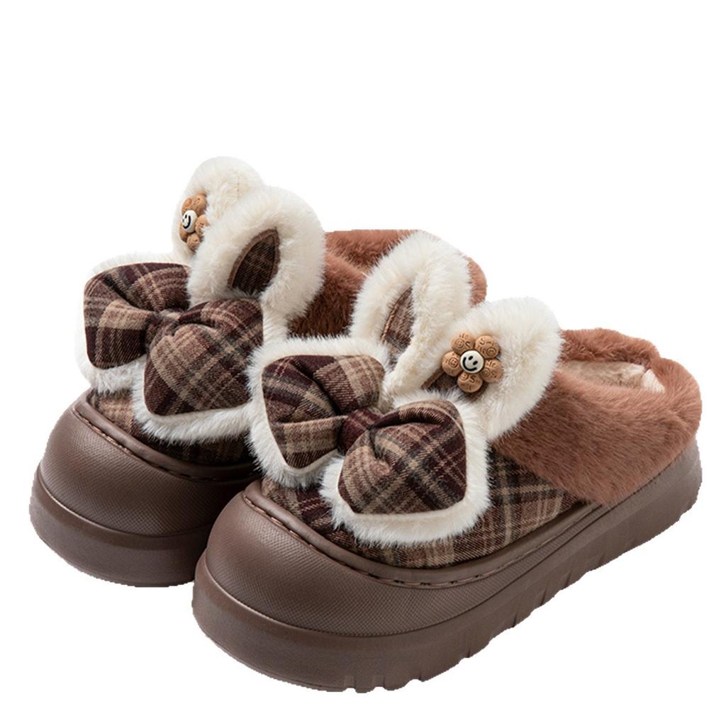 High-heeled Cotton Slippers Women's Winter 2025 New Thick-soled Heightened Warmth, Velvet Warmth, Bow Cotton Slippers Women