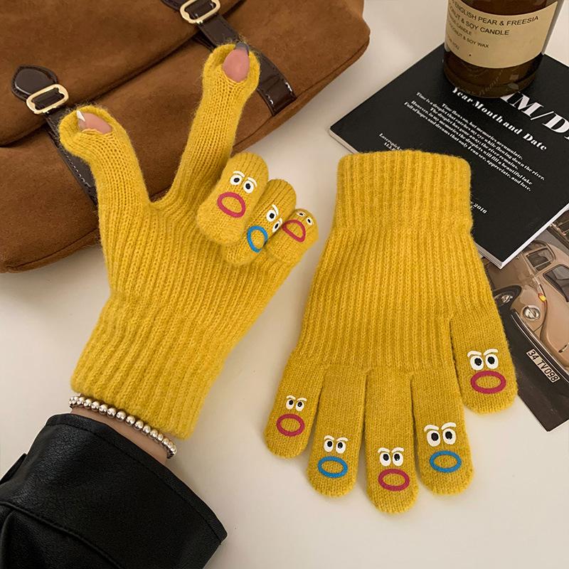 Cute Solid Color Knitted Wool Warm Gloves for Women In Winter with Fingerless Touch Screen Students with Split Fingers To Prevent Cold Cycling Cartoon