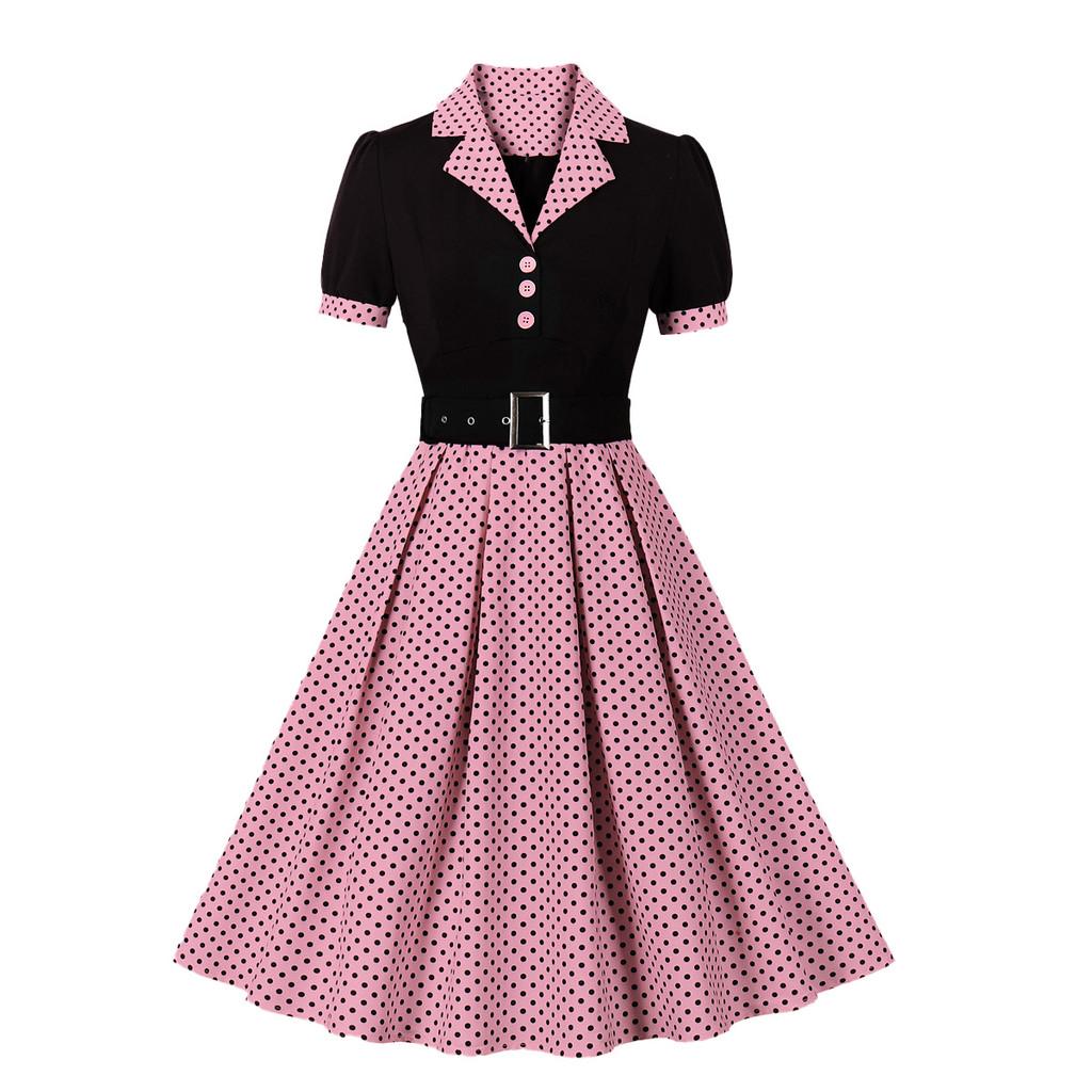 Vintage Polka Dot A Line Dress With High Waist For Office Wear Summer