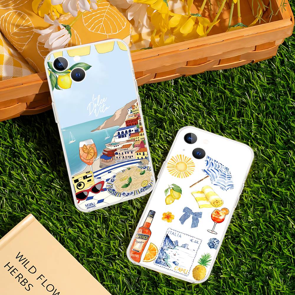 Seaside Scenery Wine Lemon Phone Case For IPhone 17 16 15 14 Plus 13 12 11 Pro Max Phone Back Cover Transparent Shockproof Cover