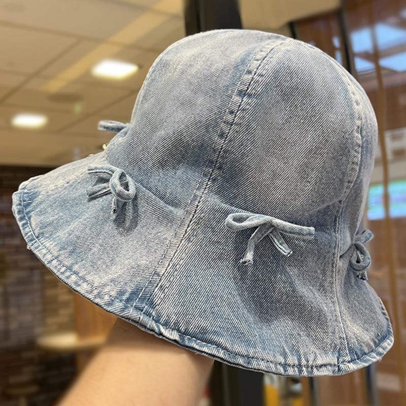 

Японская милая и универсальная шляпа-панама из денима с бантом, весенне-осенняя повседневная шляпа, женская шляпа-ведро с маленькими полями, шляпа-колокол, модная average size