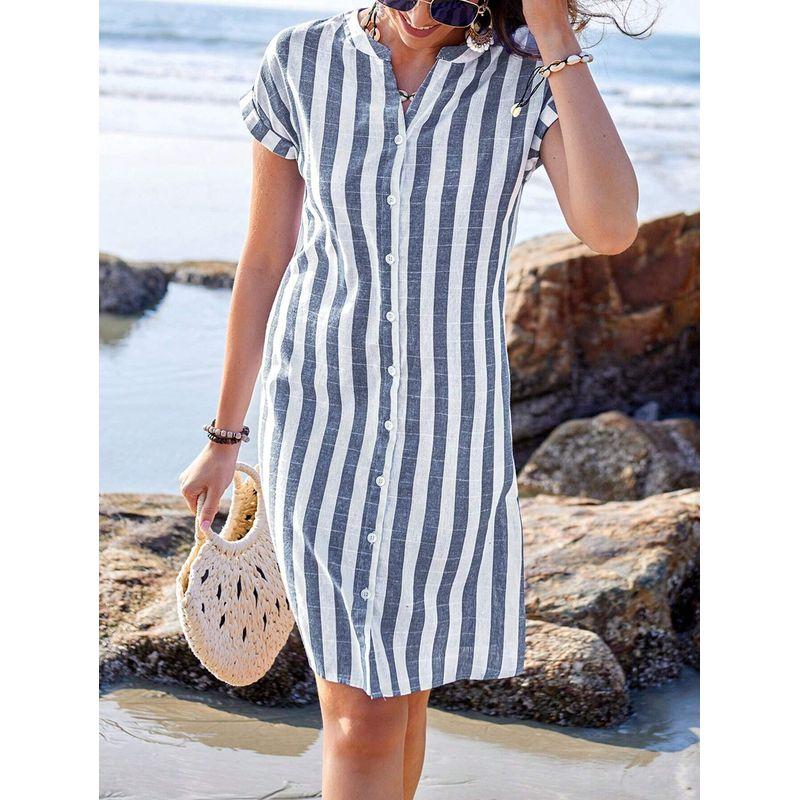 Western Style New Fashion Casual Loose Stripe Short Sleeve Dress Single Breasted Short Dress Striped Dress