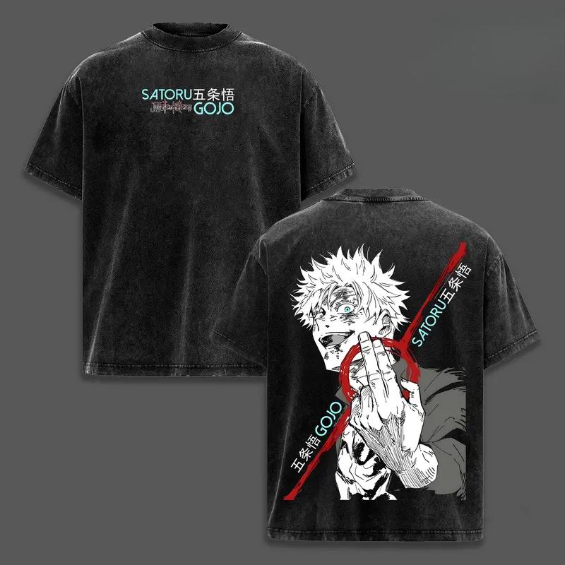 Hot Anime Jujutsu Kaisen Gojo Satoru Print T-shirt Men Short Sleeve Clothing Cotton Tshirt Retro Washed T Shirt Male Manga Tops