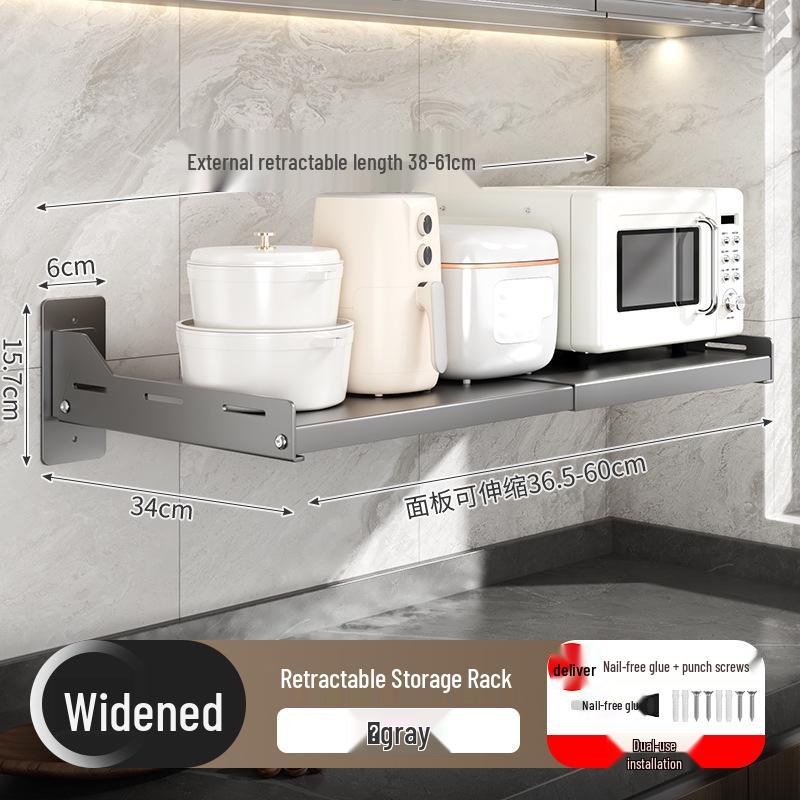 Retractable No-Drill Wall-Mounted Microwave Oven Shelf - Multi-Layer Kitchen Storage Rack