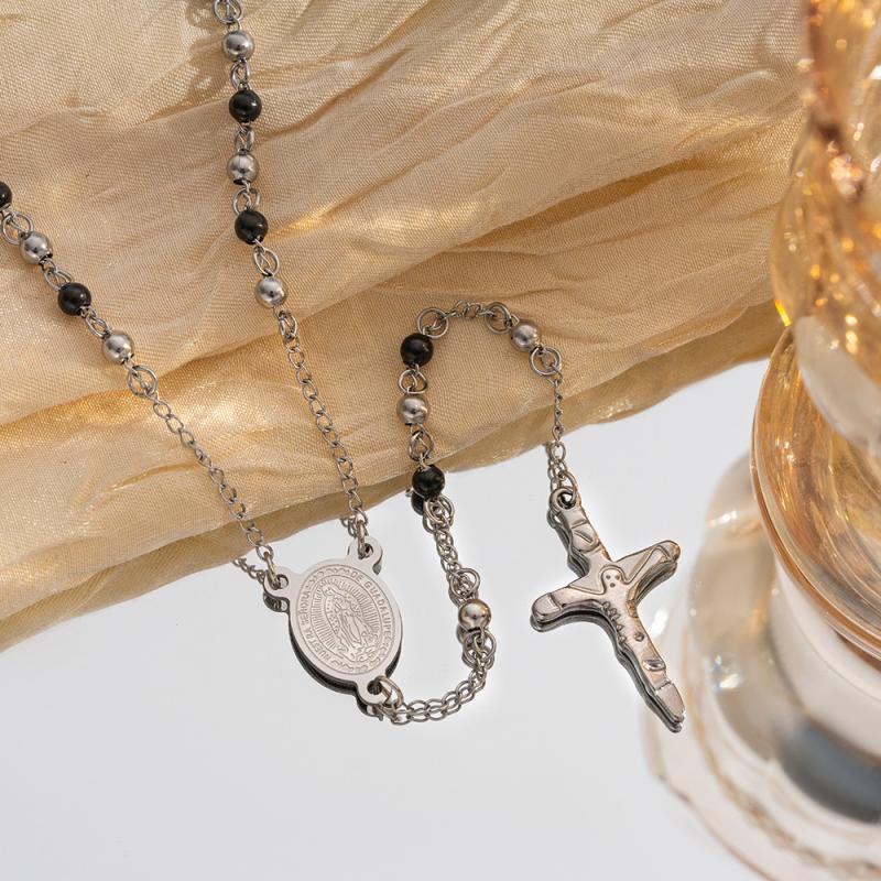 3/4/6Mm Round Bead Necklace Titanium Steel Virgin Mary Cross Stainless Steel Buddhist Beads Necklace Light Luxury Jewelry