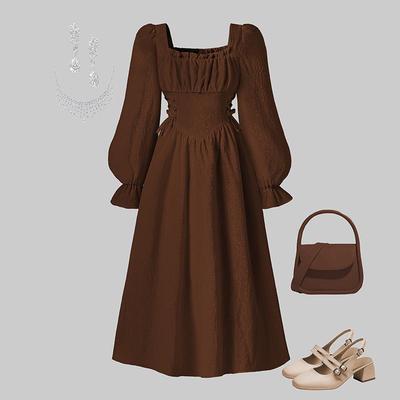 Abito da Principessa Elegante per Bambina Autunno/Inverno 2025 con Scollo Quadrato Francese e Maniche a Lanterna