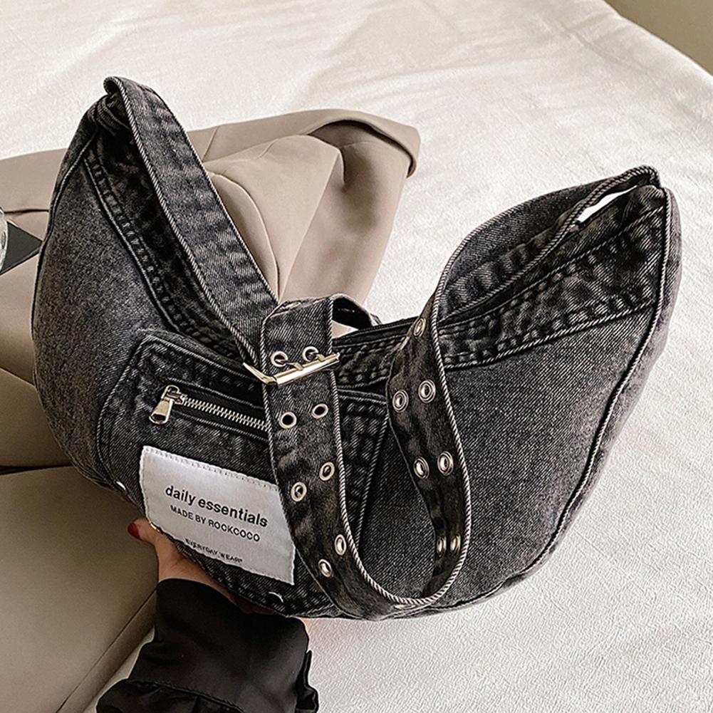 

Женская модная сумка в форме полумесяца, большая вместительная джинсовая повседневная сумка-саквояж, однотонная шикарная сумка-хобо с регулируемым ремешком для путешествий на открытом воздухе чёрный