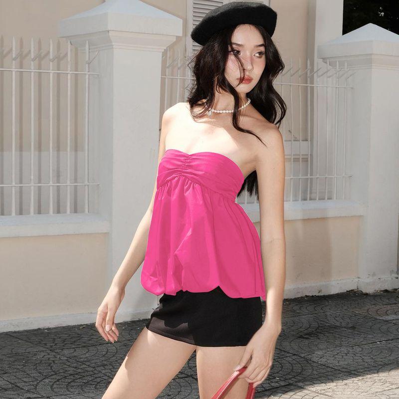 

Shemoda Мода Инс Сзади Сборка Эластичный Приталенный Топ-труба с открытыми плечами Короткий топ Женский Сексуальный Лоскутный С запахом на груди Rose Red M