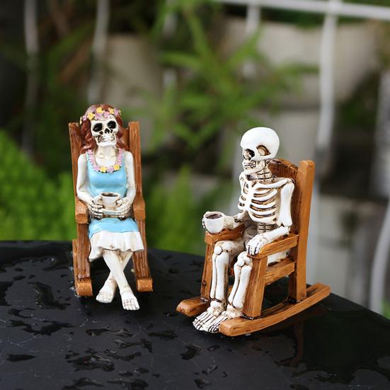 Skeleton Couple Figurine Resin Male And Female Skeleton Ornament Skeleton On Rocking