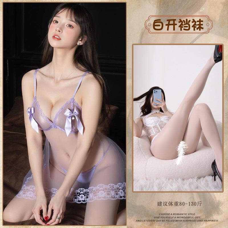 Sexy Pajamas Mesh See-through Suspenders Nightgown Pure Lace Sweet Bow Set