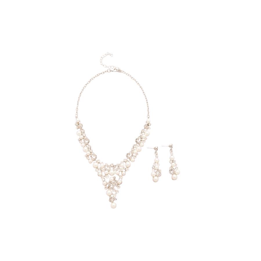 Elegant Rhinestone Faux Pearl Geometric Earrings & Necklace Set