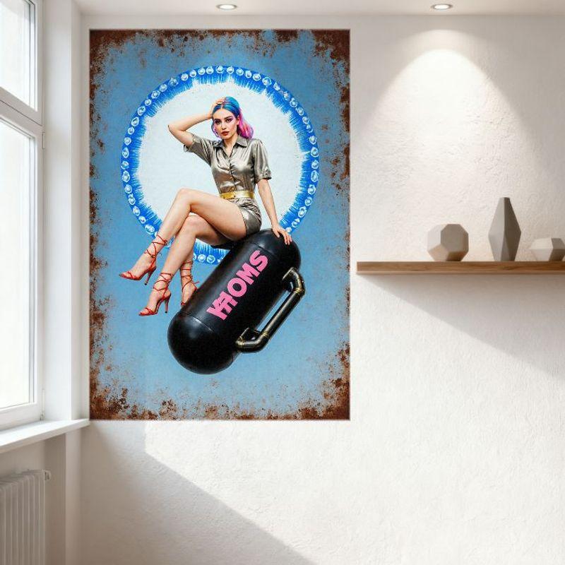 Sexy Retro-Futuristic Woman with Blue Pink Hair Tin Sign, Metallic Silver Dress & Red Heels, Rusty Metal Wall Decor for Bar Pub