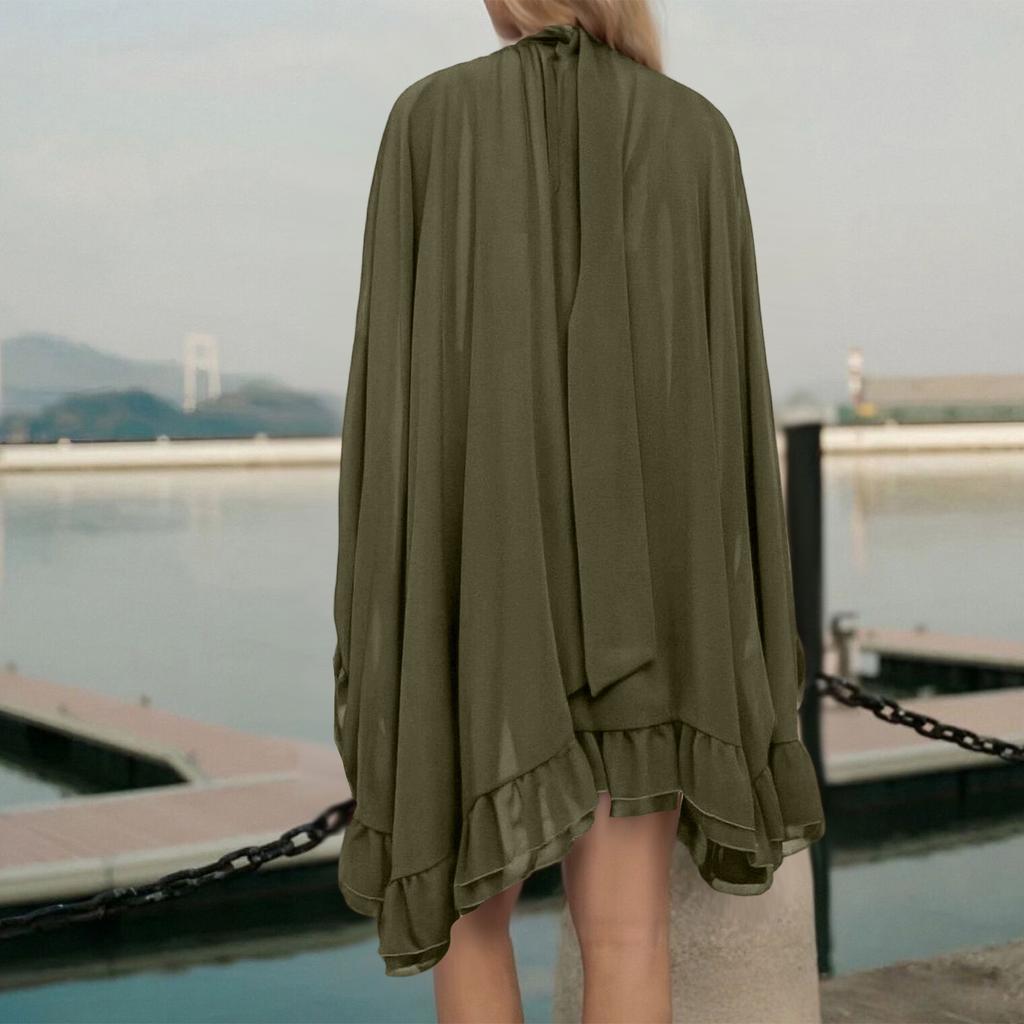 Abito Elegante da Donna in Chiffon con Dettaglio a Volant Collo Alto Manica Svasata Mini Abito Casual Vestibilità Larga Abito Estivo