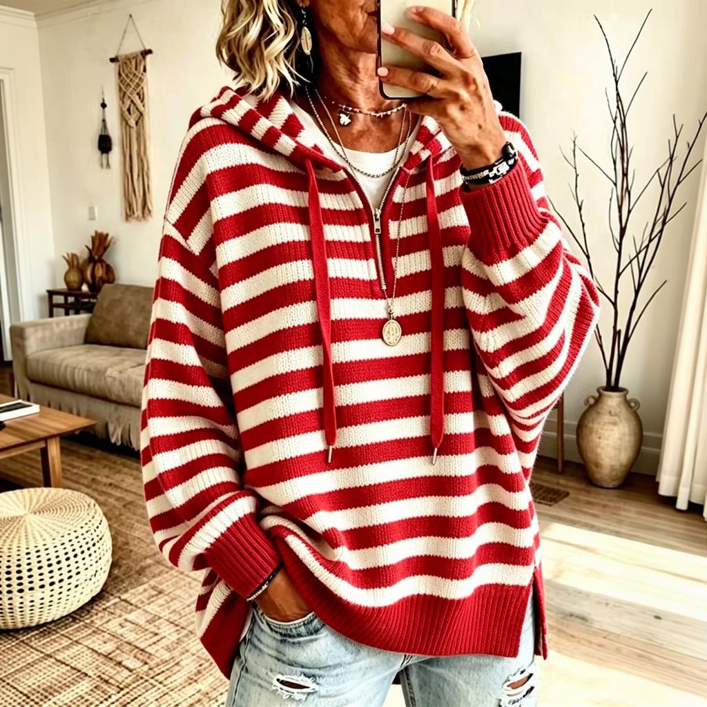 Maglione da donna vintage a righe con cappuccio e mezza zip