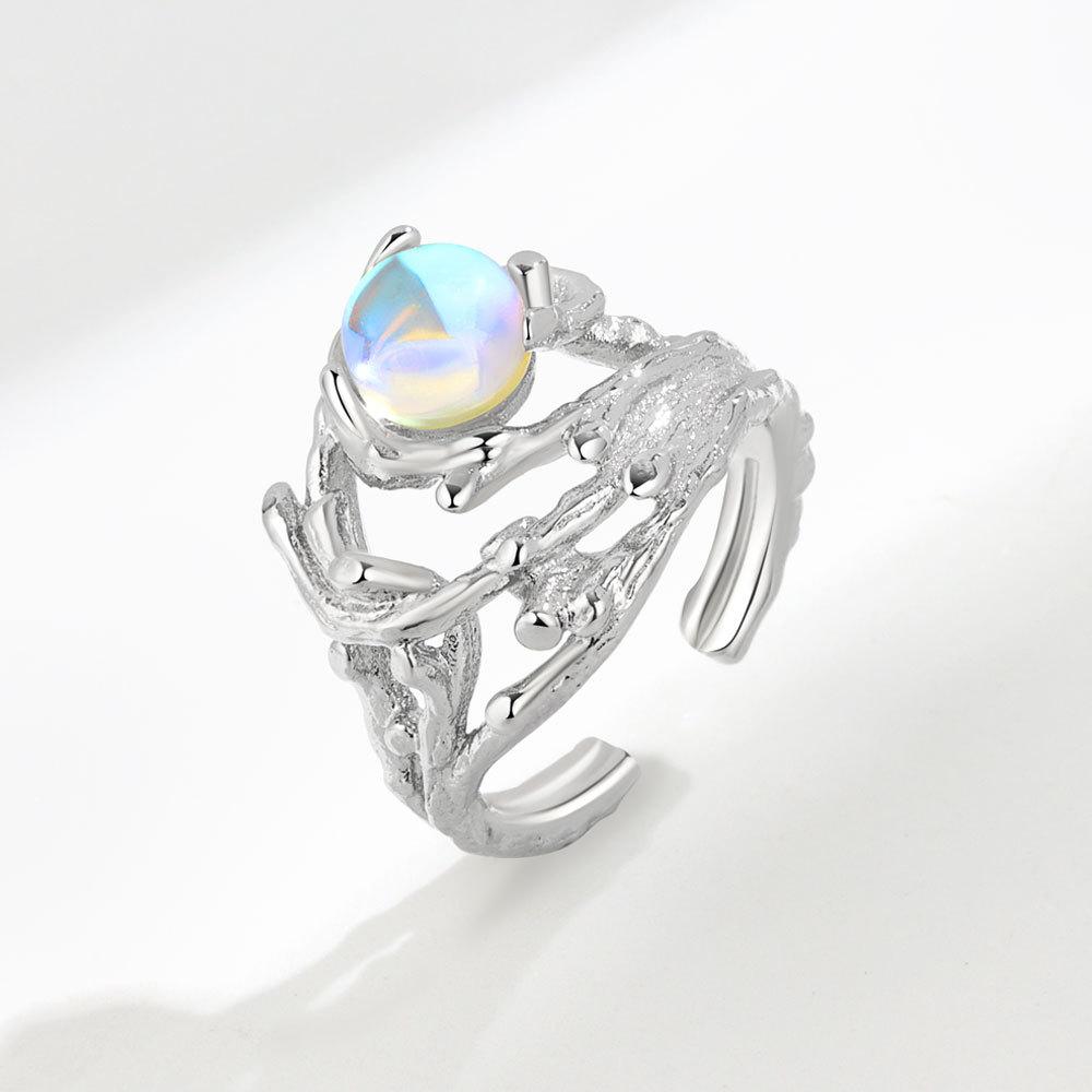 Minimalist Branch Texture Moonstone Ring For Women Unique Nature Inspired Band Elegant Cool Tone Jewelry Gift adjustable opening