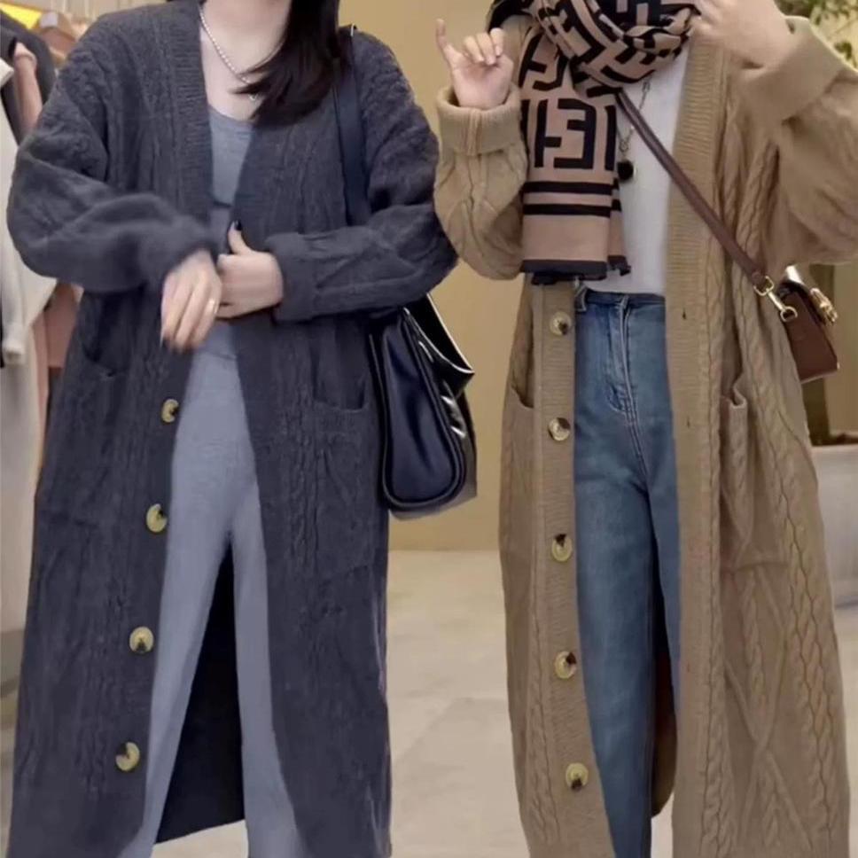 

Кардиган средней длины и длинный выше колена, вязаный свитер в стиле ленивого ветра, осенний вязаный свитер с косами, верхняя одежда с карманами XXXL серый